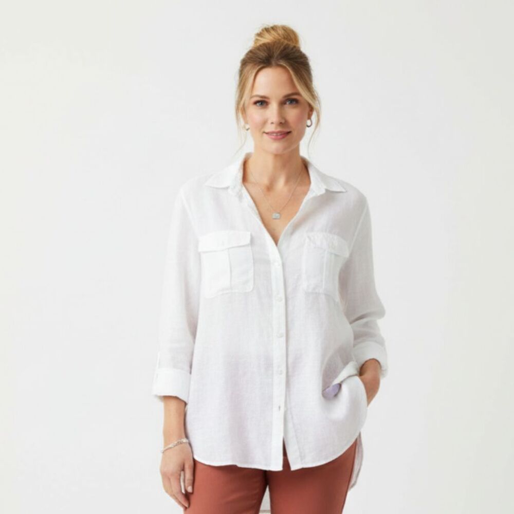 Chico’s White Long Convertible Sleeve Button Up Blouse Top 2 L